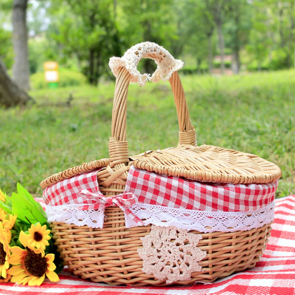 Wicker Picnic Basket with Sturdy Lid Handle Picnic Hamper Washable Lining Wicker Woven Basket for Beach Hiking Outdoor Camping