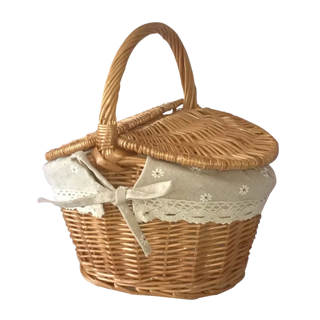 Wicker Picnic Basket with Sturdy Lid Handle Picnic Hamper Washable Lining Wicker Woven Basket for Beach Hiking Outdoor Camping
