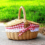 Wicker Picnic Basket with Sturdy Lid Handle Picnic Hamper Washable Lining Wicker Woven Basket for Beach Hiking Outdoor Camping