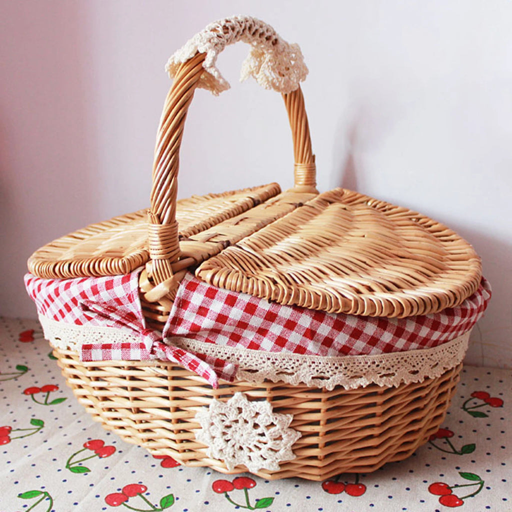 Wicker Picnic Basket with Sturdy Lid Handle Picnic Hamper Washable Lining Wicker Woven Basket for Beach Hiking Outdoor Camping