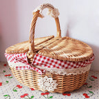 Wicker Picnic Basket with Sturdy Lid Handle Picnic Hamper Washable Lining Wicker Woven Basket for Beach Hiking Outdoor Camping