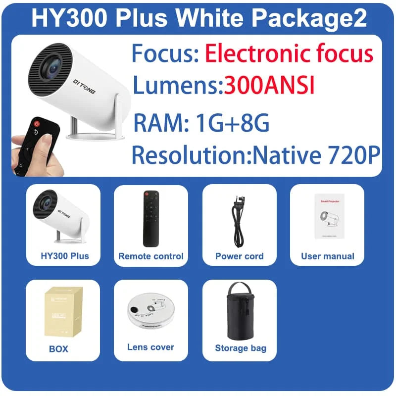 DITONG HY300 Plus Projector – Android 11, 300 ANSI, Dual WiFi, 4K Support
